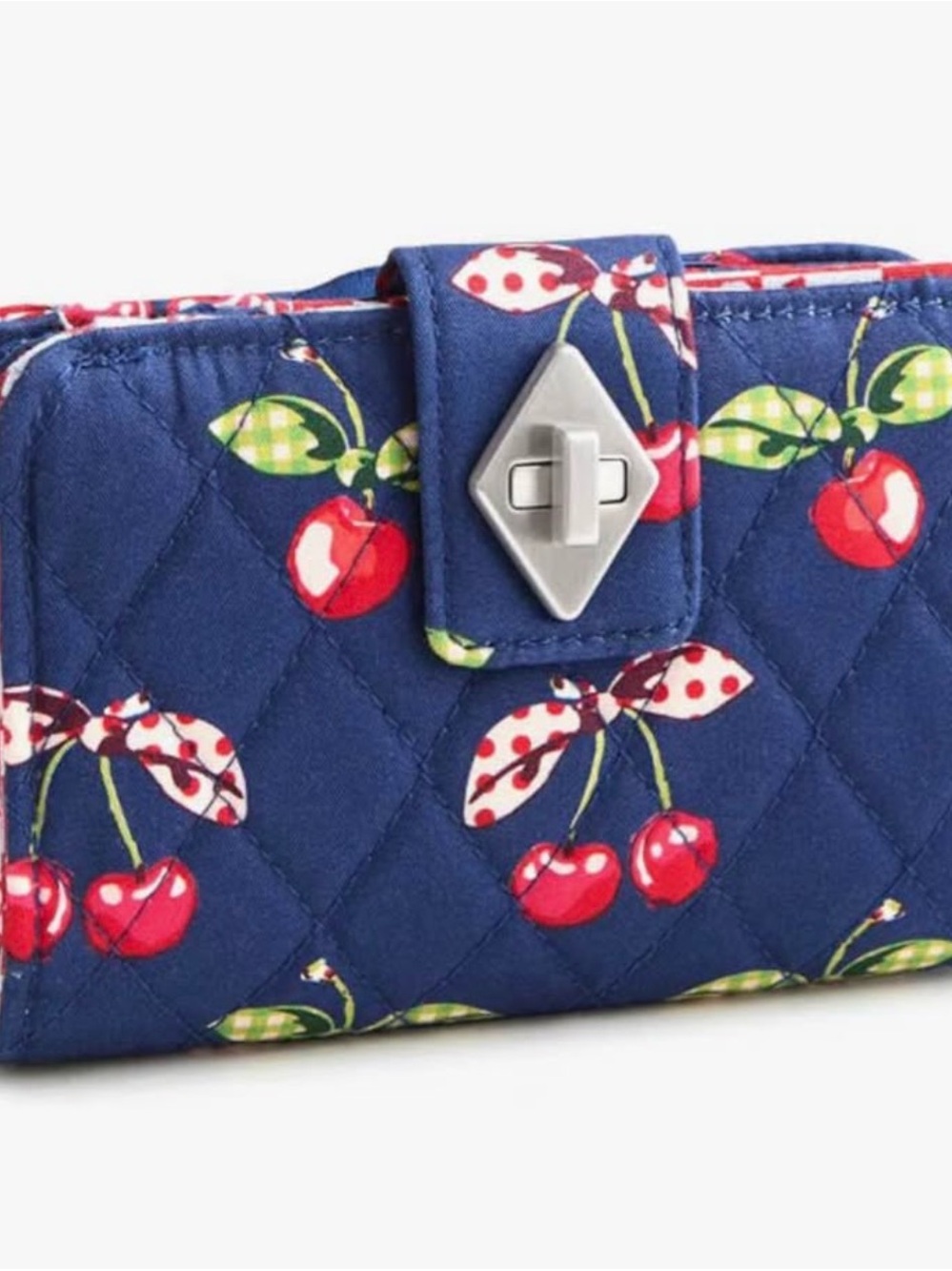 Vera Bradley Navy Quilted Cherry Print Wallet with Silver Turn-Lock